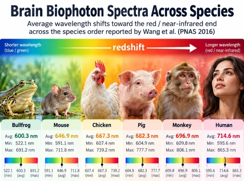 Infographic of bullfrog, mouse, chicken, pig, monkey and human under a blue-to-red gradient labelled redshift, with each species' average, minimum and maximum biophoton wavelength