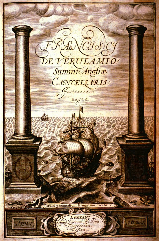 Frontispiece of Bacon's Great Instauration, a ship sailing between the Pillars of Hercules