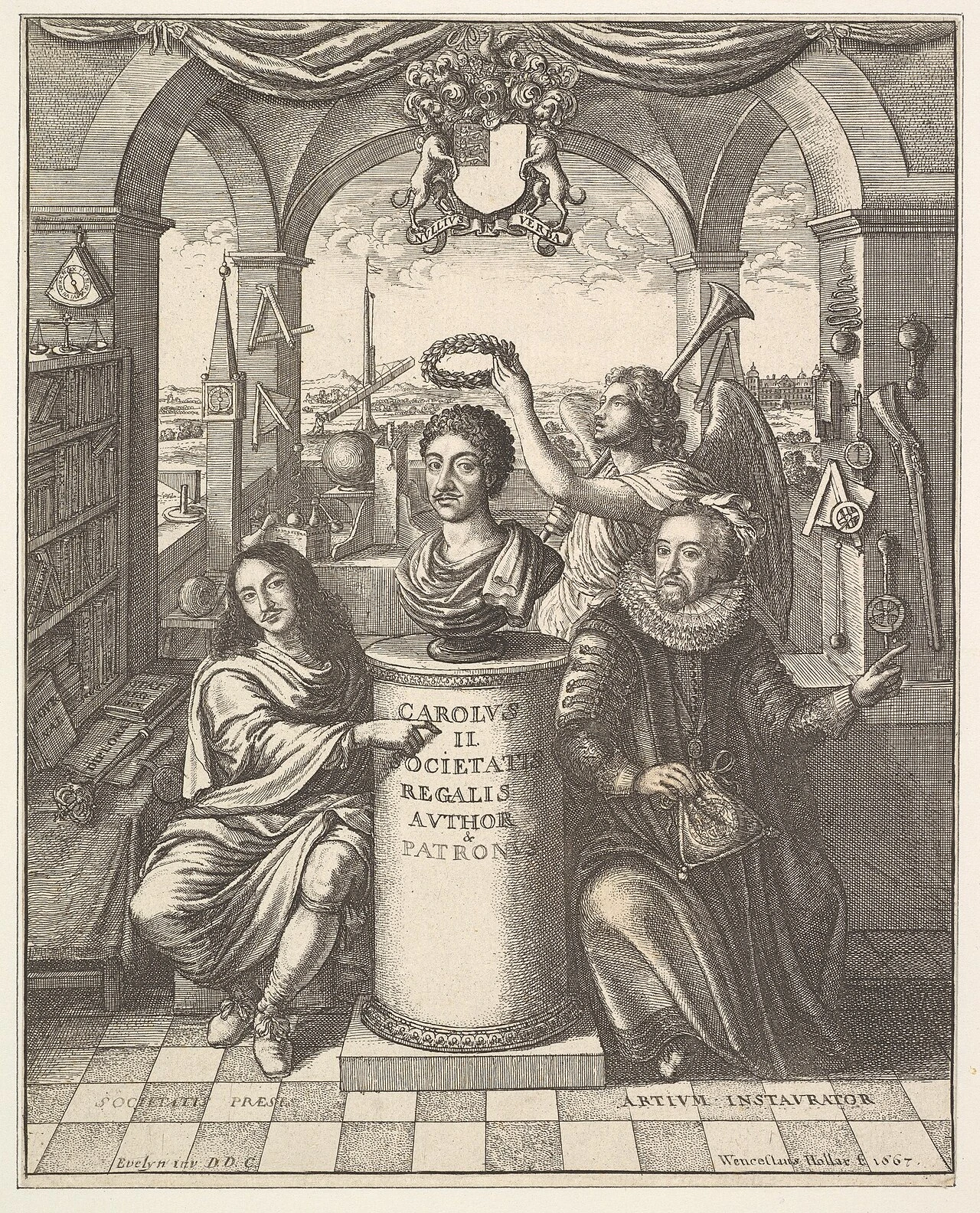 Frontispiece of Sprat's History of the Royal Society with Francis Bacon