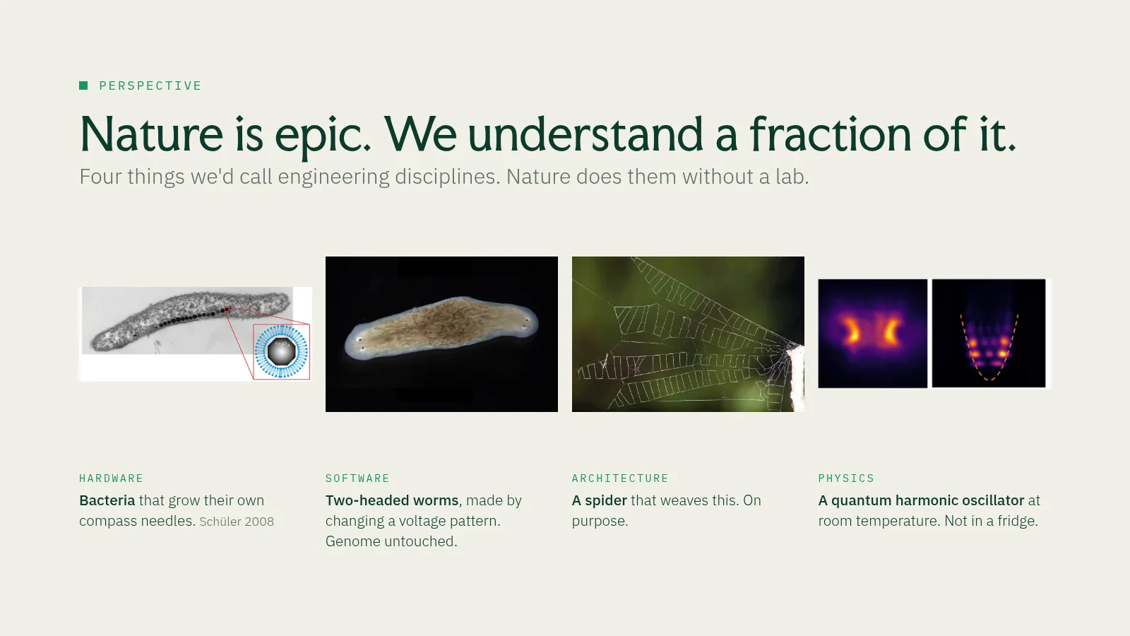 Slide 5: Perspective Nature is epic. We understand a fraction of it. Four things we'd call engineering disciplines. Nature does them without a lab. Hardware Bacteria that grow their own compass needles. Schüler 2008 Software…
