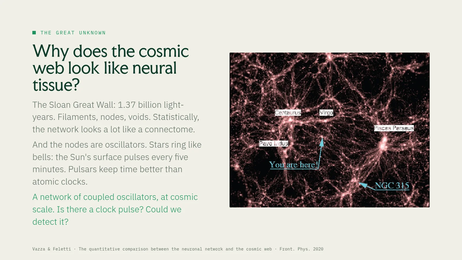 Slide 21: The great unknown Why does the cosmic web look like neural tissue? The Sloan Great Wall: 1.37 billion light-years. Filaments, nodes, voids. Statistically, the network looks a lot like a connectome. And the nodes are…