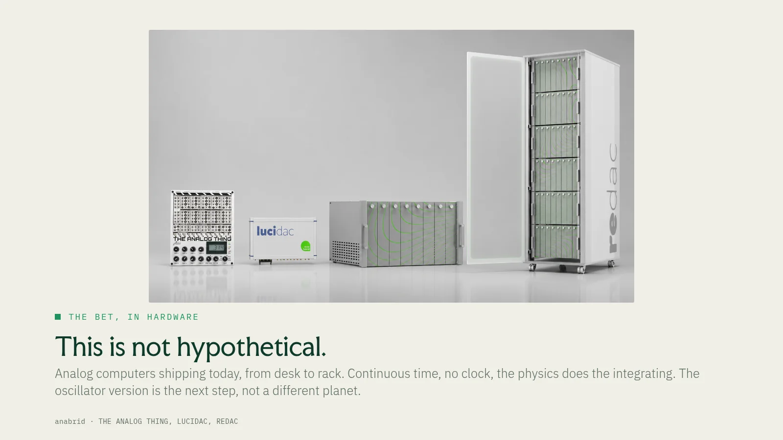 Slide 27: The bet, in hardware This is not hypothetical. Analog computers shipping today, from desk to rack. Continuous time, no clock, the physics does the integrating. The oscillator version is the next step, not a different…