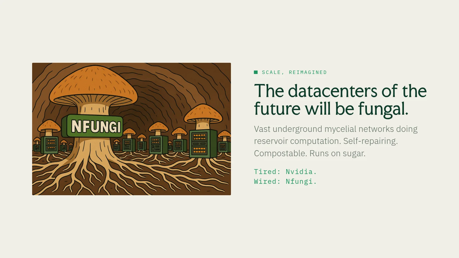 Slide 29: Scale, reimagined The datacenters of the future will be fungal. Vast underground mycelial networks doing reservoir computation. Self-repairing. Compostable. Runs on sugar. Tired: Nvidia. Wired: Nfungi.