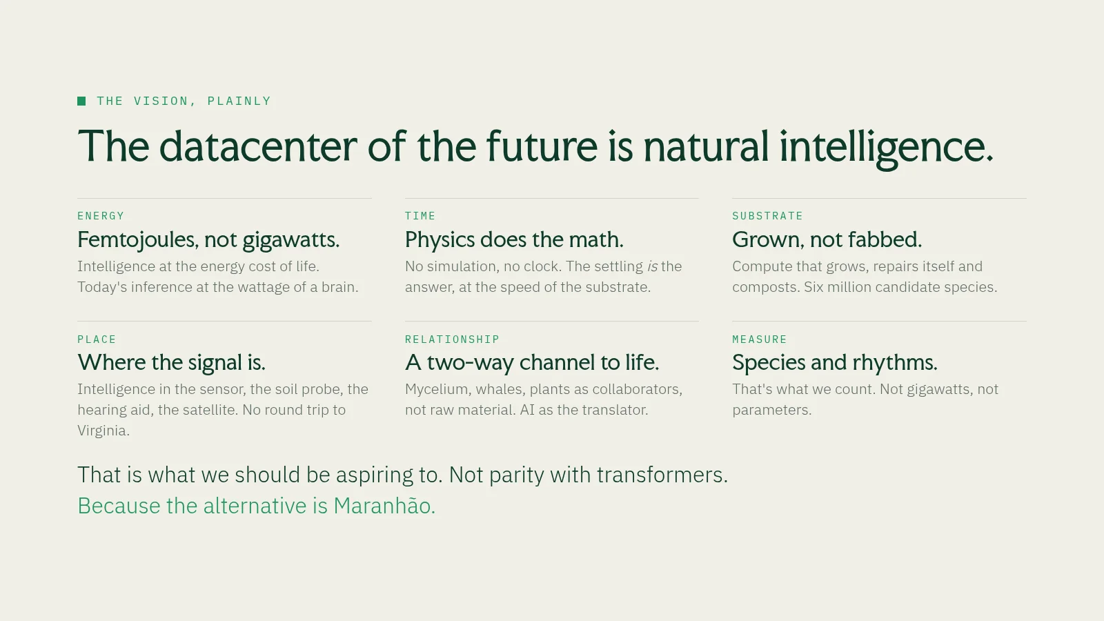 Slide 30: The vision, plainly The datacenter of the future is natural intelligence. Energy Femtojoules, not gigawatts. Intelligence at the energy cost of life. Today's inference at the wattage of a brain. Time Physics does the…
