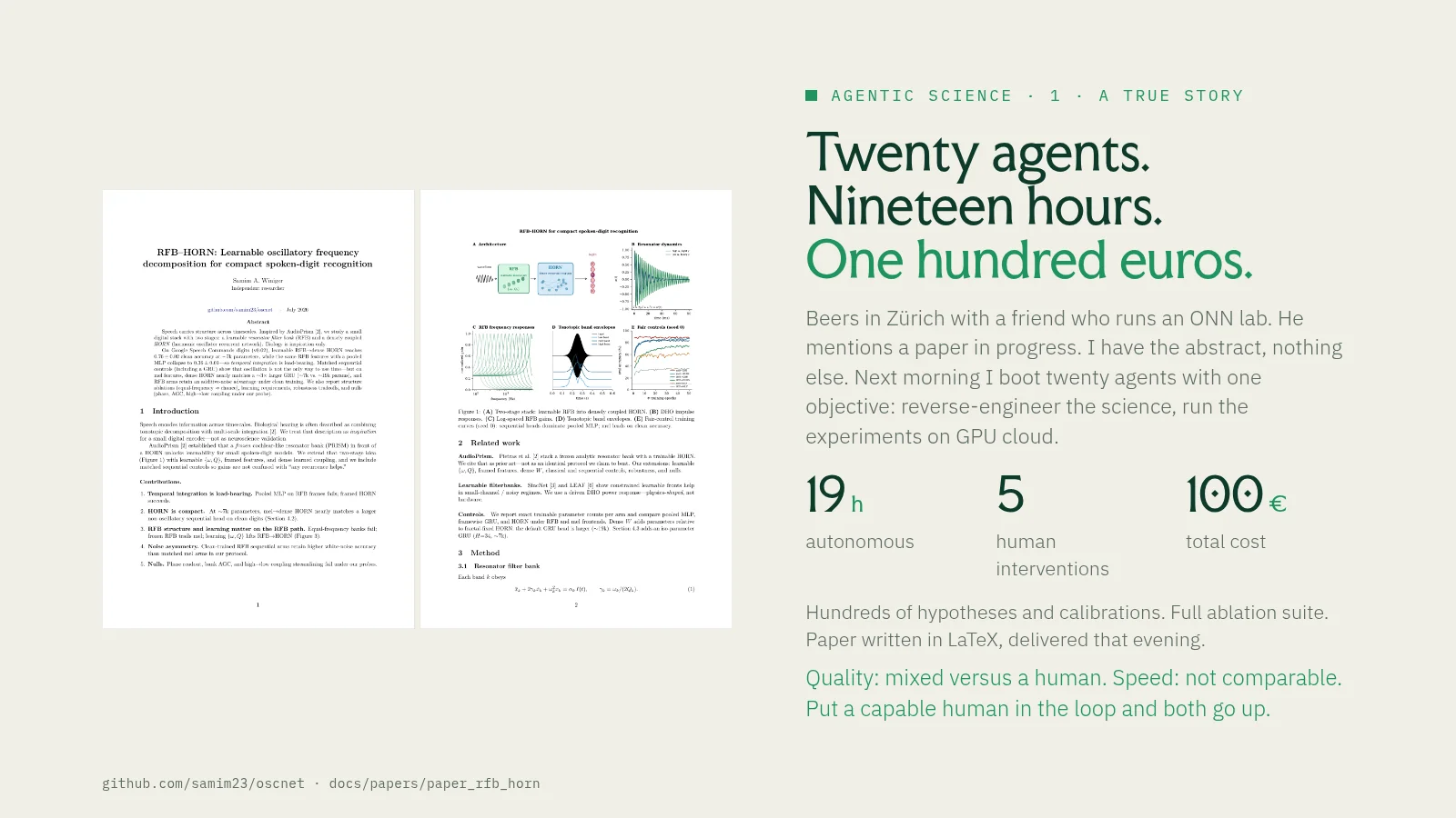 Slide 41: Agentic science · 1 · a true story Twenty agents. Nineteen hours. One hundred euros. Beers in Zürich with a friend who runs an ONN lab. He mentions a paper in progress. I have the abstract, nothing else. Next morning I…