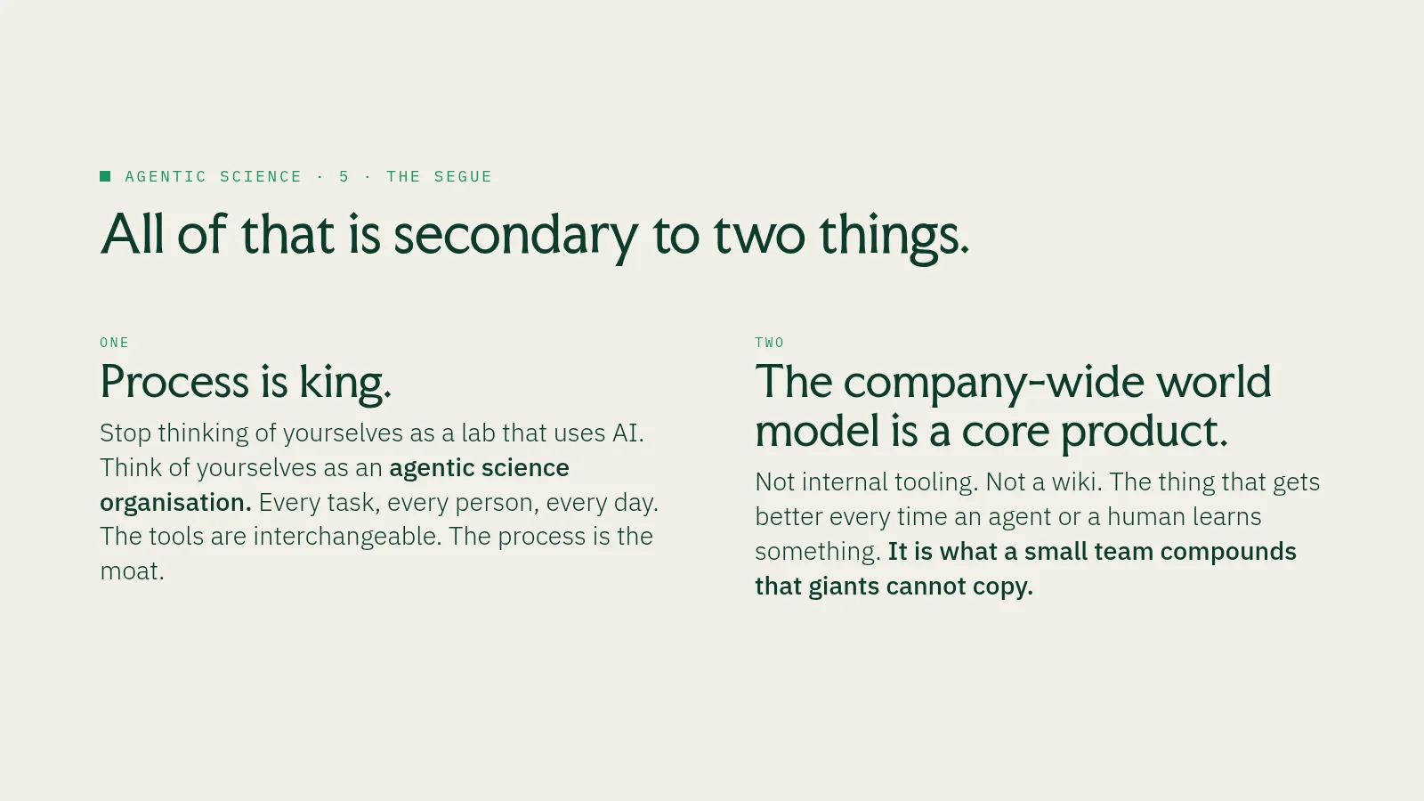 Slide 45: Agentic science · 5 · the segue All of that is secondary to two things. One Process is king. Stop thinking of yourselves as a lab that uses AI. Think of yourselves as an agentic science organisation. Every task, every…