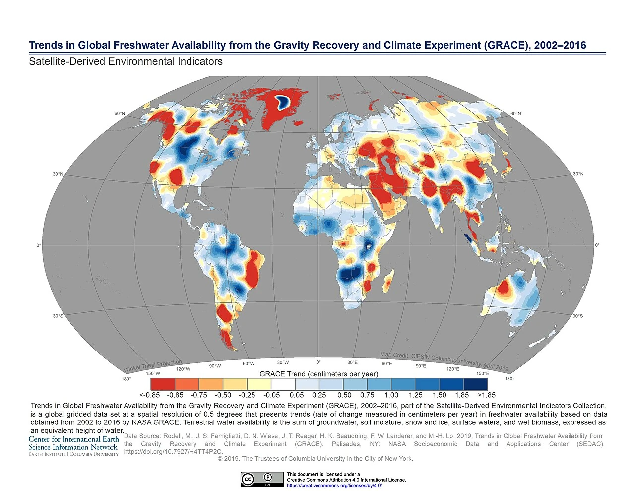World map of freshwater trends measured by NASA's GRACE satellites from 2002 to 2016, with red hotspots of water loss over northern India, the Middle East, northern China and California
